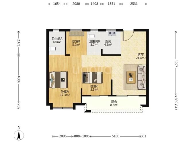 誉林府高楼层朝南3间185万实验上林